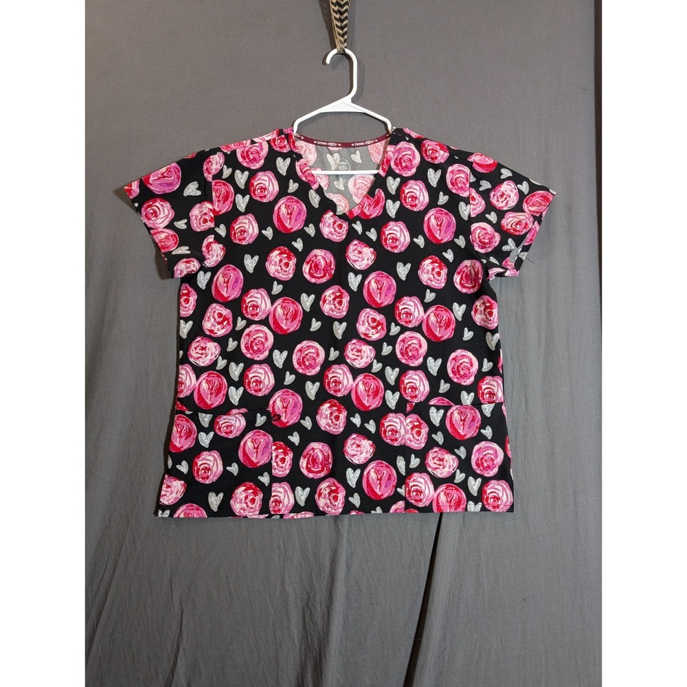 Divine Stretch Scrub Top Women's Black Pink Flower Size Large‎